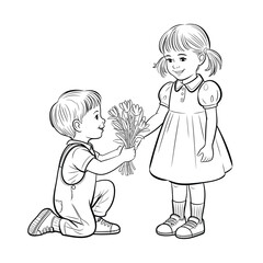 Boy kneeling offers flowers to girl in sketch style