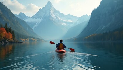 Lone kayaker paddles across calm lake waters towards majestic snow-capped mountains. Autumn trees line the shore. Serene wilderness nature scene. Peaceful outdoor adventure.