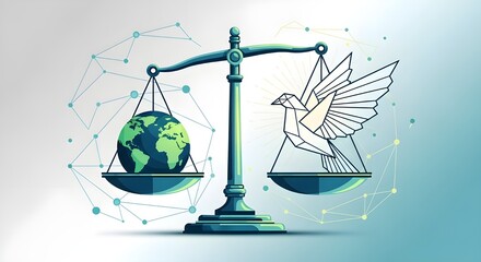 Balance world peace and harmony concept with earth and dove on scales, representing justice and global unity for a better future