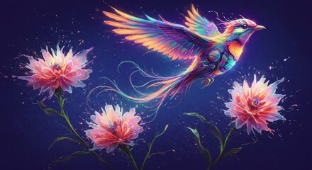 Flying bird among flowers illustration
