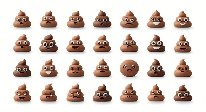 Row of varied poop emoji icons each with a distinct facial expression arranged on a white background