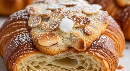 Delicious almond croissant with powdered sugar, a delightful pastry treat.