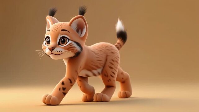A charming cartoon lynx kitten with big eyes and tufted ears walks on a plain background, showcasing its spotted fur.