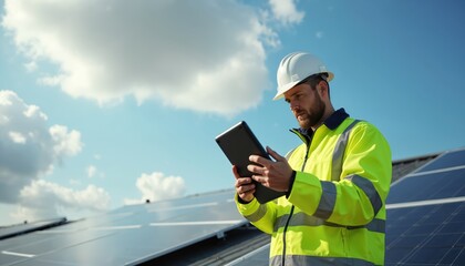 Engineer inspects solar panels on rooftop using tablet device. Man in safety gear checks photovoltaic cells for energy efficiency. Renewable tech solar power generation at eco plant.