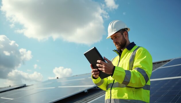 Engineer inspects solar panels on rooftop using tablet device. Man in safety gear checks photovoltaic cells for energy efficiency. Renewable tech solar power generation at eco plant.