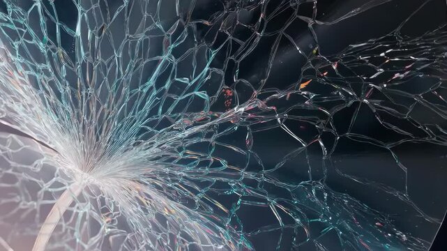 Shattered glass with cracks radiating outwards, on a dark background
