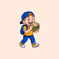 Illustration of a boy carrying a bag eating a burger while walking