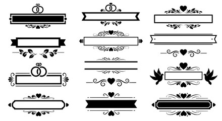 Collection of decorative vintage wedding headers and text dividers. Romantic vector silhouettes with floral swirls rings and hearts for invites.
