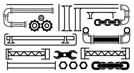 Obraz premium Collection of engineering construction elements. Vector black silhouettes of pipes gears and steel trusses for technical banners.