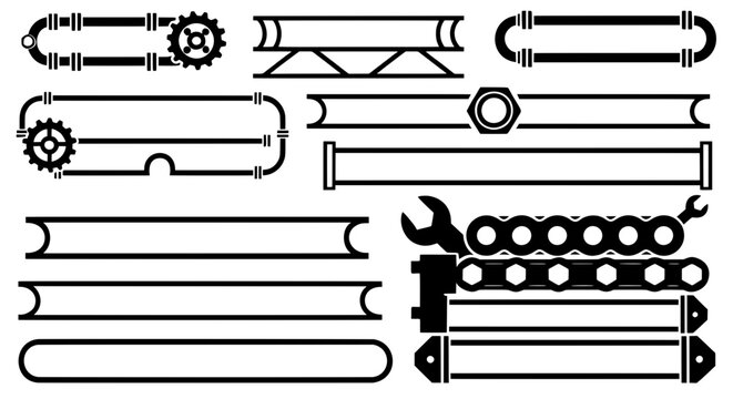 Set of heavy industry text headers. Black silhouettes of pipes chains and steel trusses for technical design.