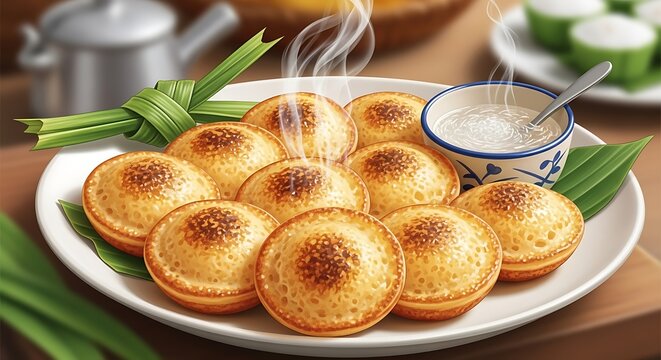 Delicious Malaysian Kuih Akok Pancakes with Coconut Sauce.