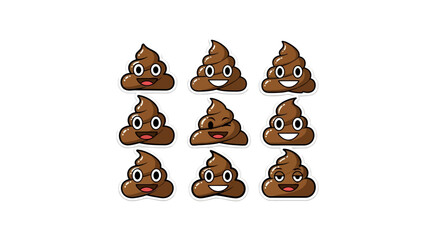 Array of nine cartoon poop emojis with smiling expressions on a plain white background
