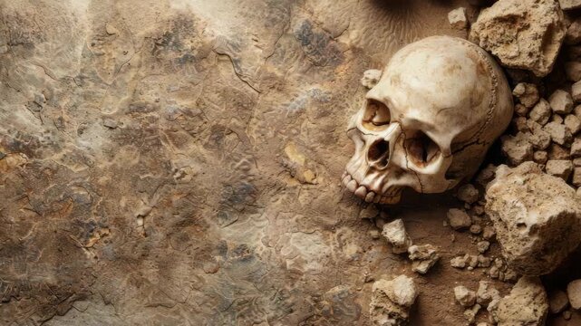 Human skull on textured rocky surface