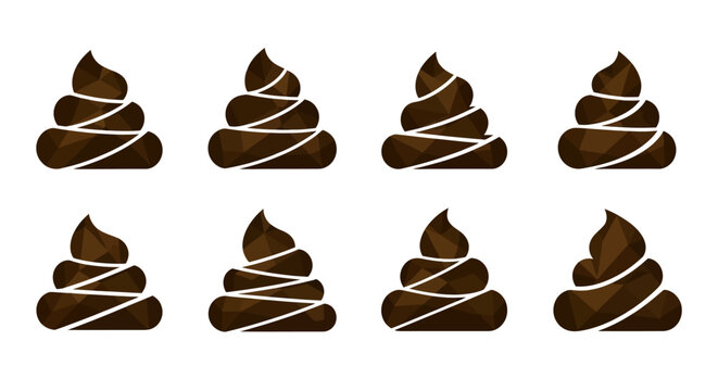 An arrangement of eight stylized brown poo emojis with triangular facets