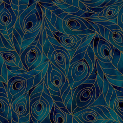 Watercolor feathers colorful abstract art nouveau stained glass seamless pattern