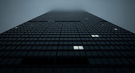 Imposing dark skyscraper ascends into dense, mysterious fog, with a few illuminated windows