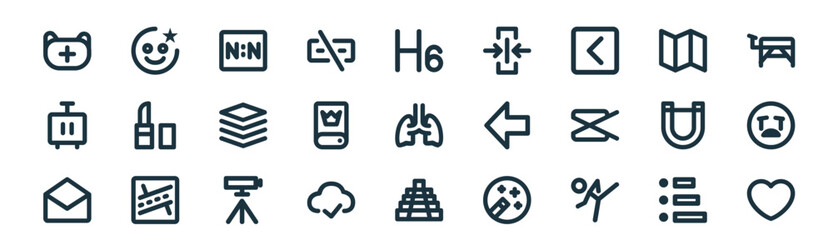 Obraz premium modern linear ui icon set. vector thin line outline symbols for ui/ux app and web interfaces. minimal stroke collection including list, eye makeup, many, map, master, crying baby, maya, like.