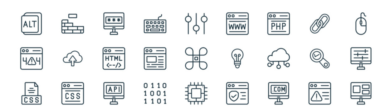 modern linear programming icon set. vector thin line outline symbols for ui/ux app and web interfaces. minimal stroke collection including warning, wall, password, link, browser, ting, cpu, monitor.