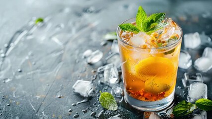 Iced tea with lemon and mint in glass on dark, wet surface scattered ice cubes - Powered by Adobe
