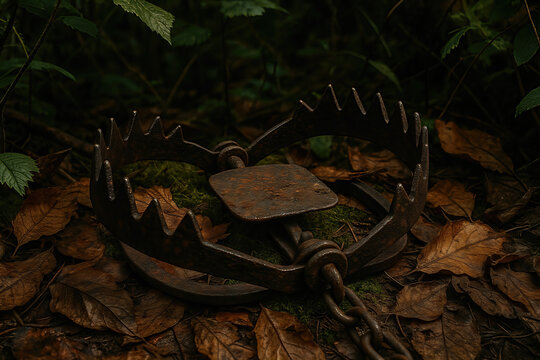 Old rusty bear trap set in a forest, ready to catch its prey