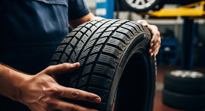 Man holding a new car wheel tire. Auto service mechanic inspecting automotive winter or all-season tyre tread. Concept of vehicle maintenance. - Powered by Adobe