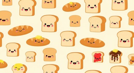 Fototapeta premium Whimsical Pattern of Smiling Toast Breads and Cute Food Characters in a Playful Design