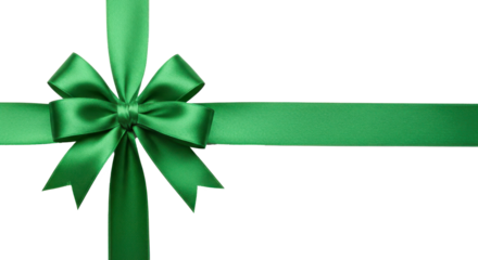 Green Ribbon with Bow Tied. Horizontal Gift Decoration. Isolated on transparent background