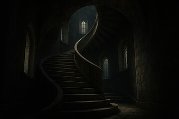Dramatic spiral staircase in a gothic castle with arched windows