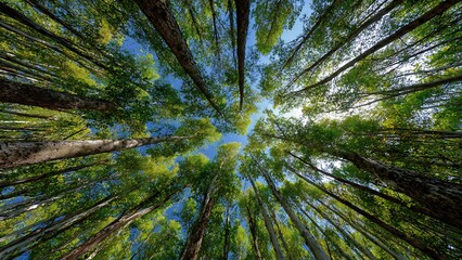 Looking Up Through Tall Trees in a Dense Forest Canopy Under a Clear Sky
