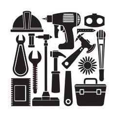 Set Of Construction hardware industrial tools silhouette vector art file-10