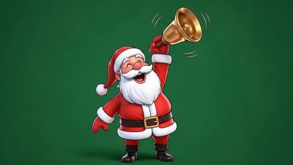 3D cartoon Santa Claus ringing bell on green background.