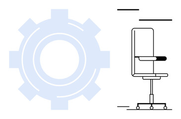 Office chair with armrests on wheels next to large gear icon. Ideal for workplace design, comfort, productivity, efficiency, innovation, teamwork, project management, and simple flat metaphor