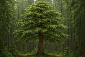 Majestic redwood tree in a lush green forest with tall trees and sunlight.