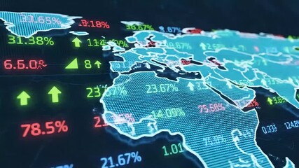 Dynamic visualization of global financial market data and economic trends displayed on a digital world map, illustrating international business analytics and investment insights - Powered by Adobe