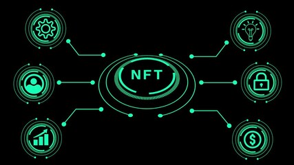 Teal NFT Infographic with Icons on Black Background Non-Fungible Token blockchain - Powered by Adobe