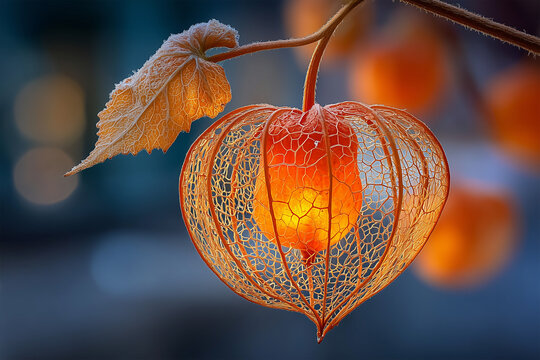 Frosty Skeletal Ground Cherry Glowing in Winter Light