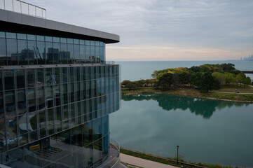 Kellogg School of Management building in northwestern university evanston with view of downtown chicago