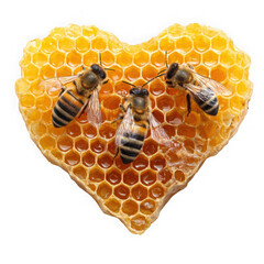  Three bees on heart-shaped honeycomb on a white background.