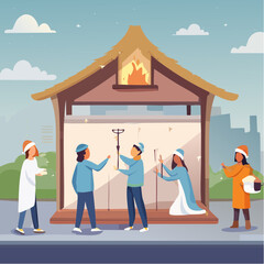 Naklejka premium Volunteers in festive winter hats collaboratively assemble a traditional Christmas nativity scene display on a city sidewalk