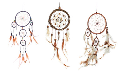 Dream catchers with feathers isolated on white, collage