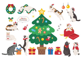 Fototapeta premium クリスマスを楽しむかわいい猫のイラスト