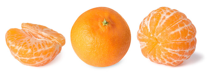 Fresh tangerines isolated on white, set. Citrus fruit