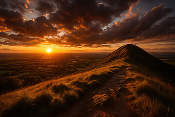 Golden hour landscape with a stunning sunset over a mountain ridge