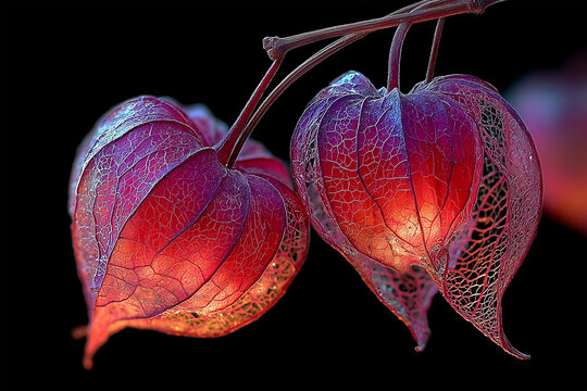 Macro of Glowing Red and Purple Skeleton Ground Cherries