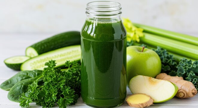 Green juice bottle with fresh produce