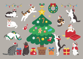 クリスマスを楽しむかわいい猫のイラスト