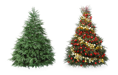 Christmas tree decorating with string lights and festive ornaments. Steps on white background, collage