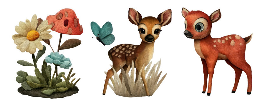 Charming Cartoon Illustrations of Deer, Mushrooms, and Flowers on Isolated Background