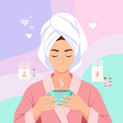 Relaxing Woman with Warm Drink After Bath &ndash; Self Care Illustration