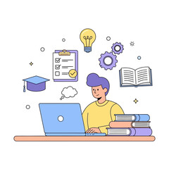 Online Learning and Study Illustration &ndash; Student Working on Laptop with Education Icons